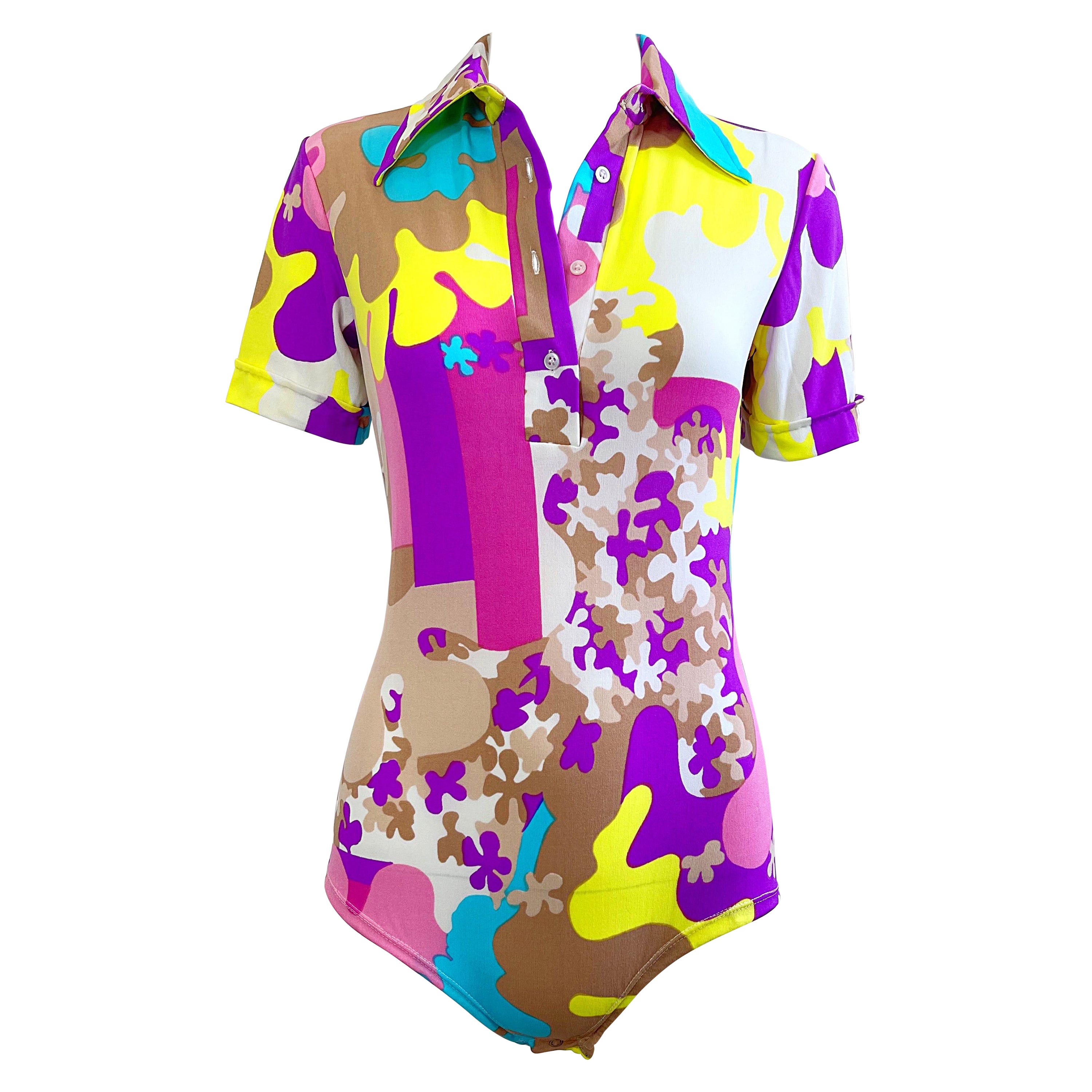 Amazing 1970s Bright Colored Novelty Puzzle Print One Piece Vintage 70s Bodysuit For Sale