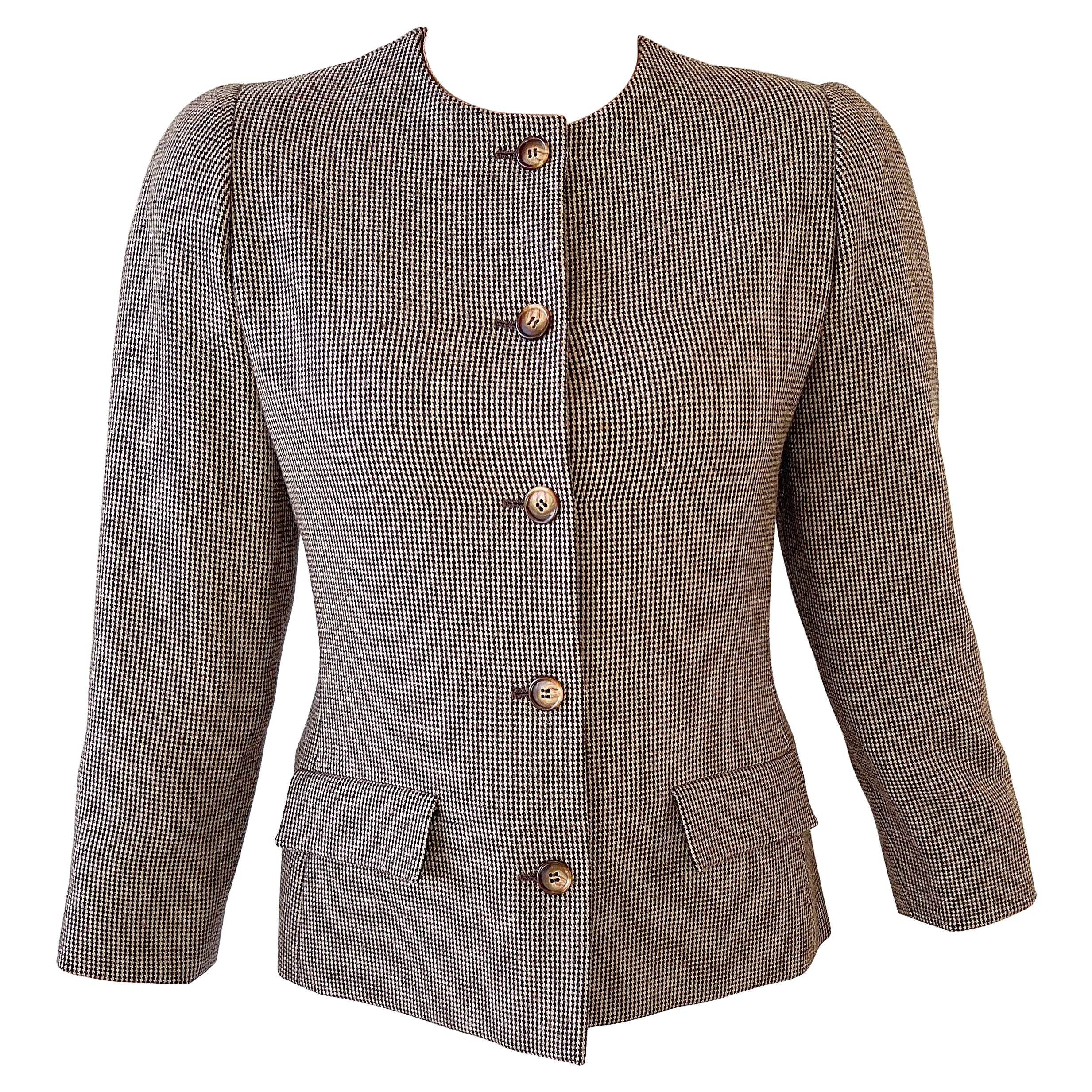 1990s Bill Blass Size 8 For Saks 5th Avenue Brown Vintage 90s Collarless Blazer For Sale