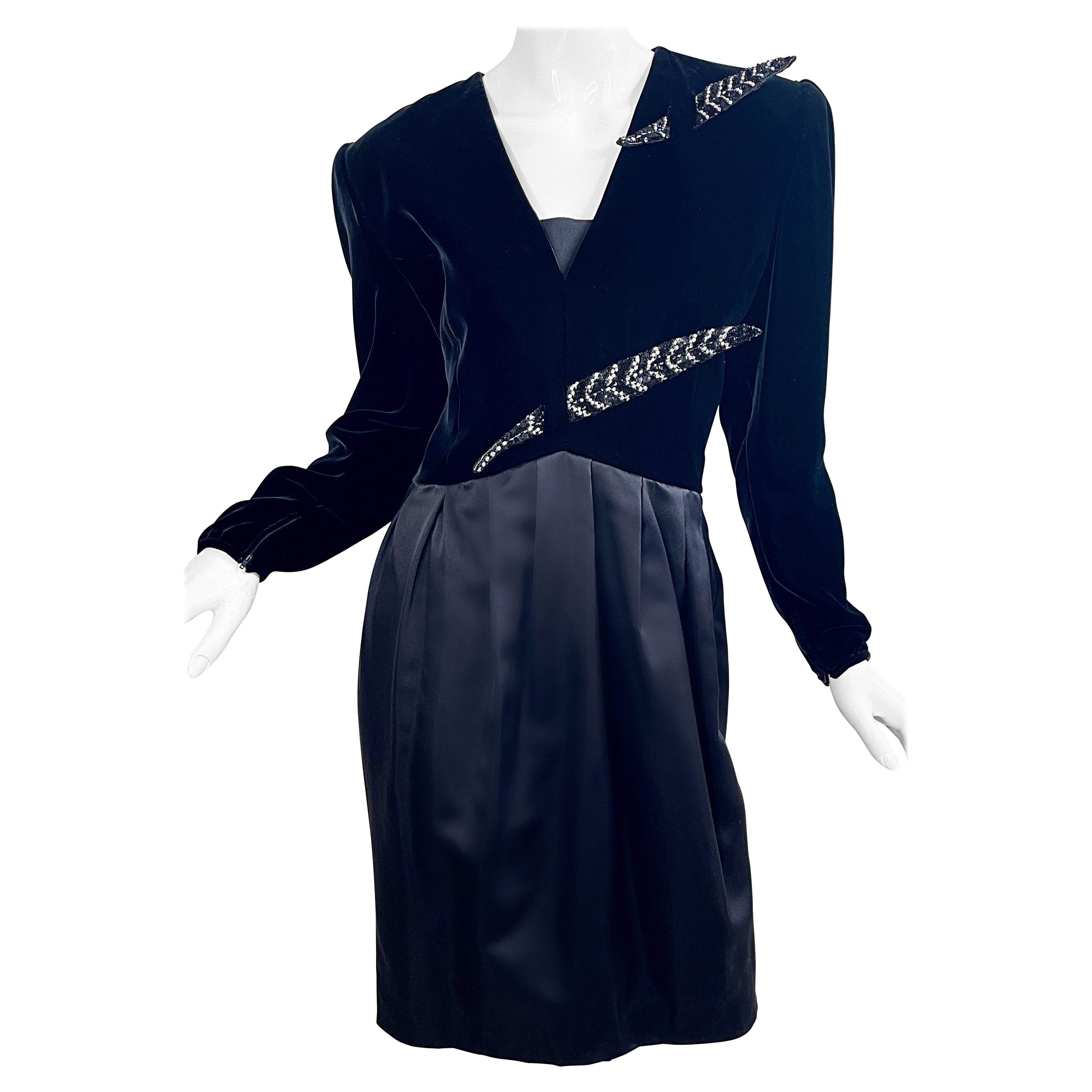 1980s Valentino Size 10 Black Beaded Feather Velvet + Silk Vintage 80s Dress For Sale