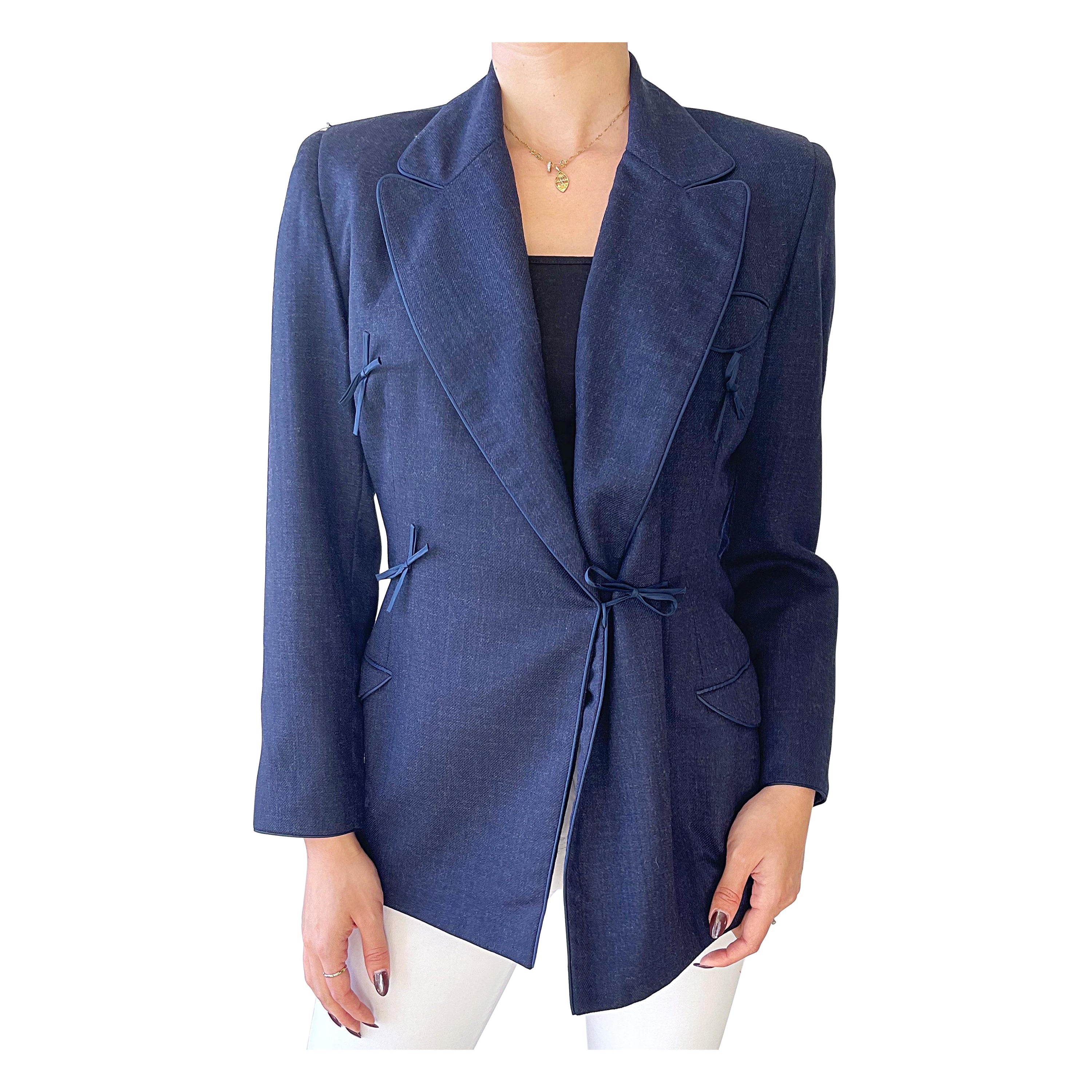 1990s Isaac Mizrahi Navy Blue Denim Like Size 6 8 Vintage 90s Wrap Blazer Jacket For Sale