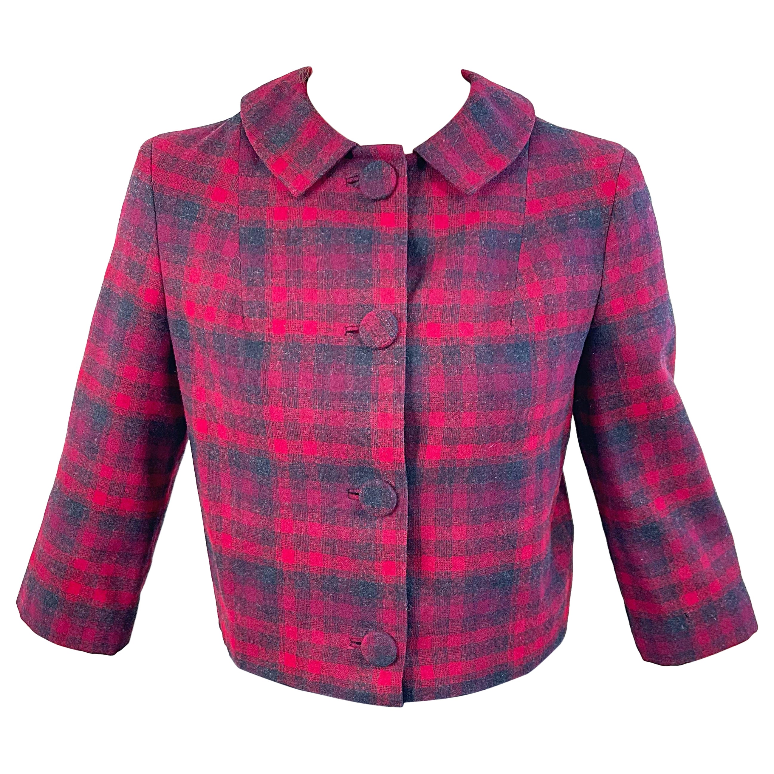 1960s Pendleton Red + Grey Plaid 3/4 Sleeves Virgin Wool Vintage 60s Jacket For Sale