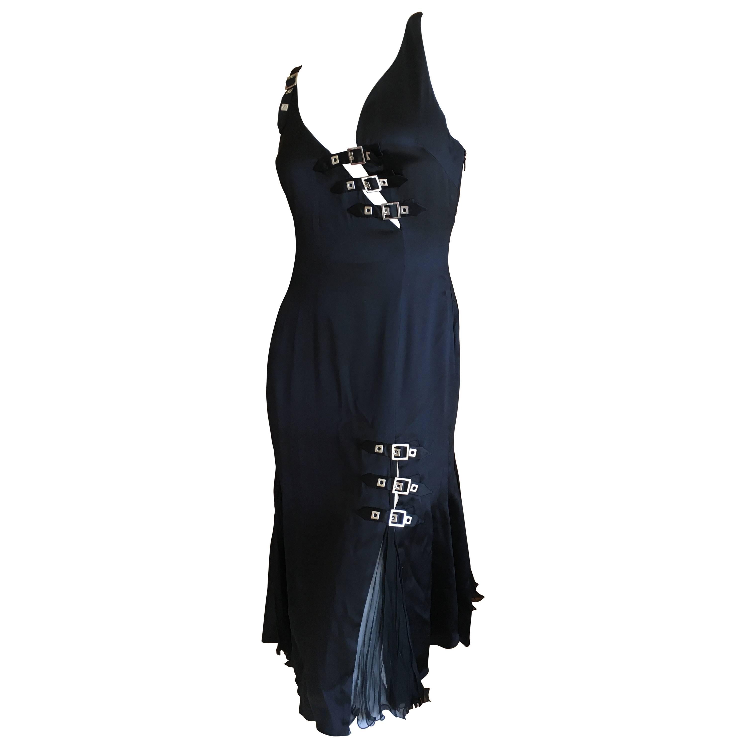 Versace Vintage Sexy Little Black Bondage Buckle Cocktail Dress  Size 40