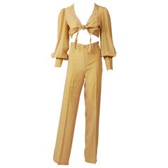 1970s Italian Tailored Beige Silk Suit Pants and Crop Top Blouse