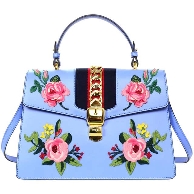 Gucci 2016 Blue Leather Floral Embroidered Sylvie Handle Bag For Sale ...