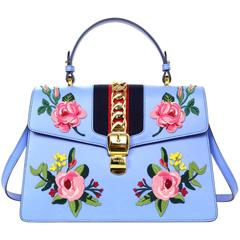 Gucci 2016 Blue Leather Floral Embroidered Sylvie Handle Bag
