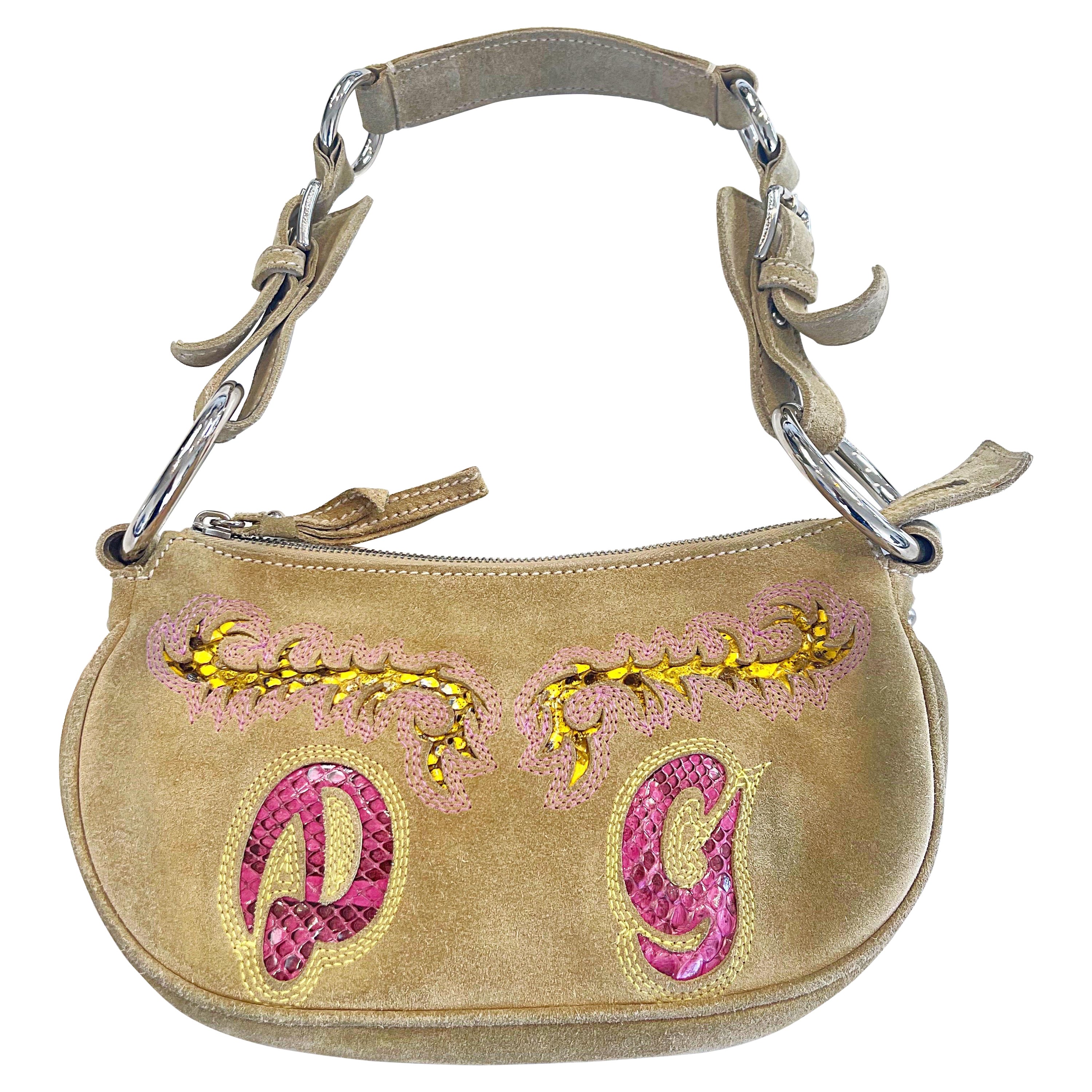 2000s Dolce & Gabbana Tan Suede + Python Snakeskin Vintage Handbag Shoulder Bag For Sale