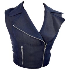 1990s Negro Plata Cremallera Talla 6 / 8 Vintage 90s Moto Biker Chaleco sin mangas