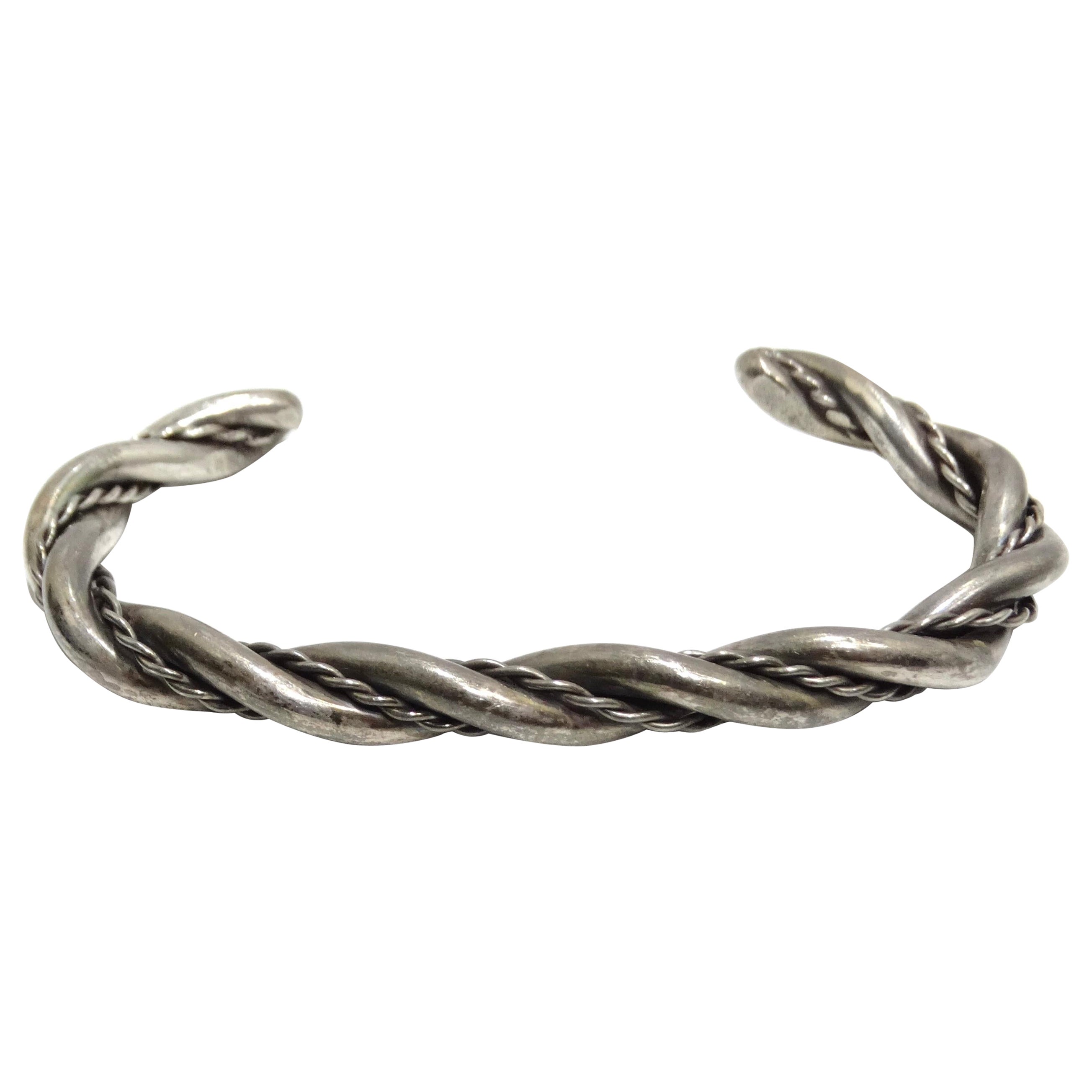 Solid Silver 1960s Rope Cuff Bracelet For Sale