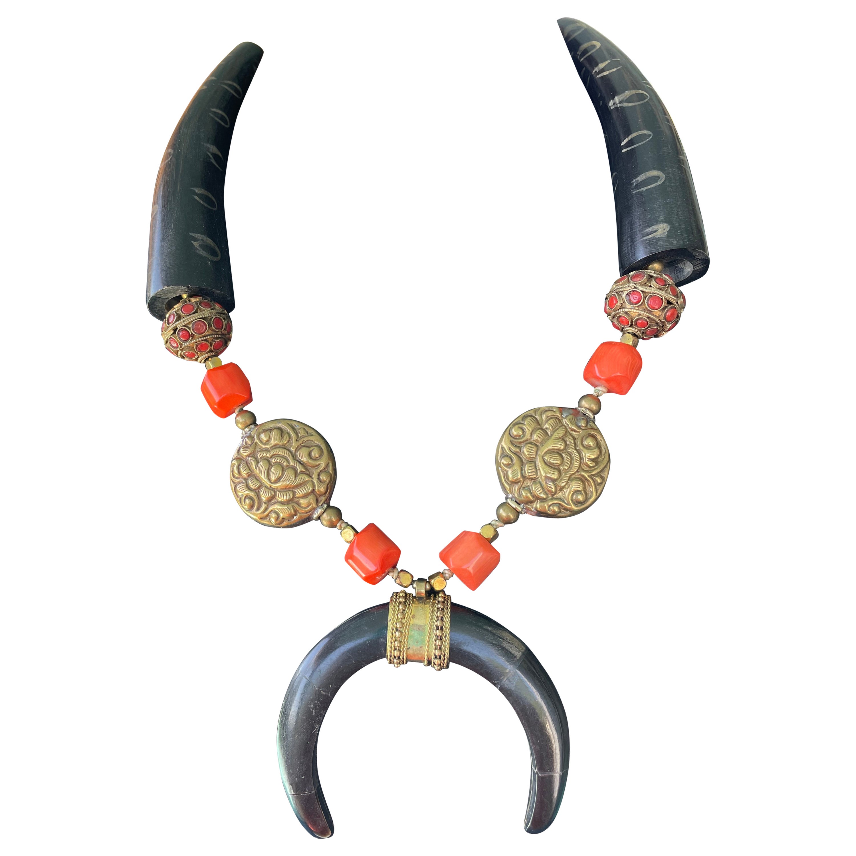 LB offers Tribal Horn Naja Pendant Tibetan brass orange Coral Wooden necklace For Sale
