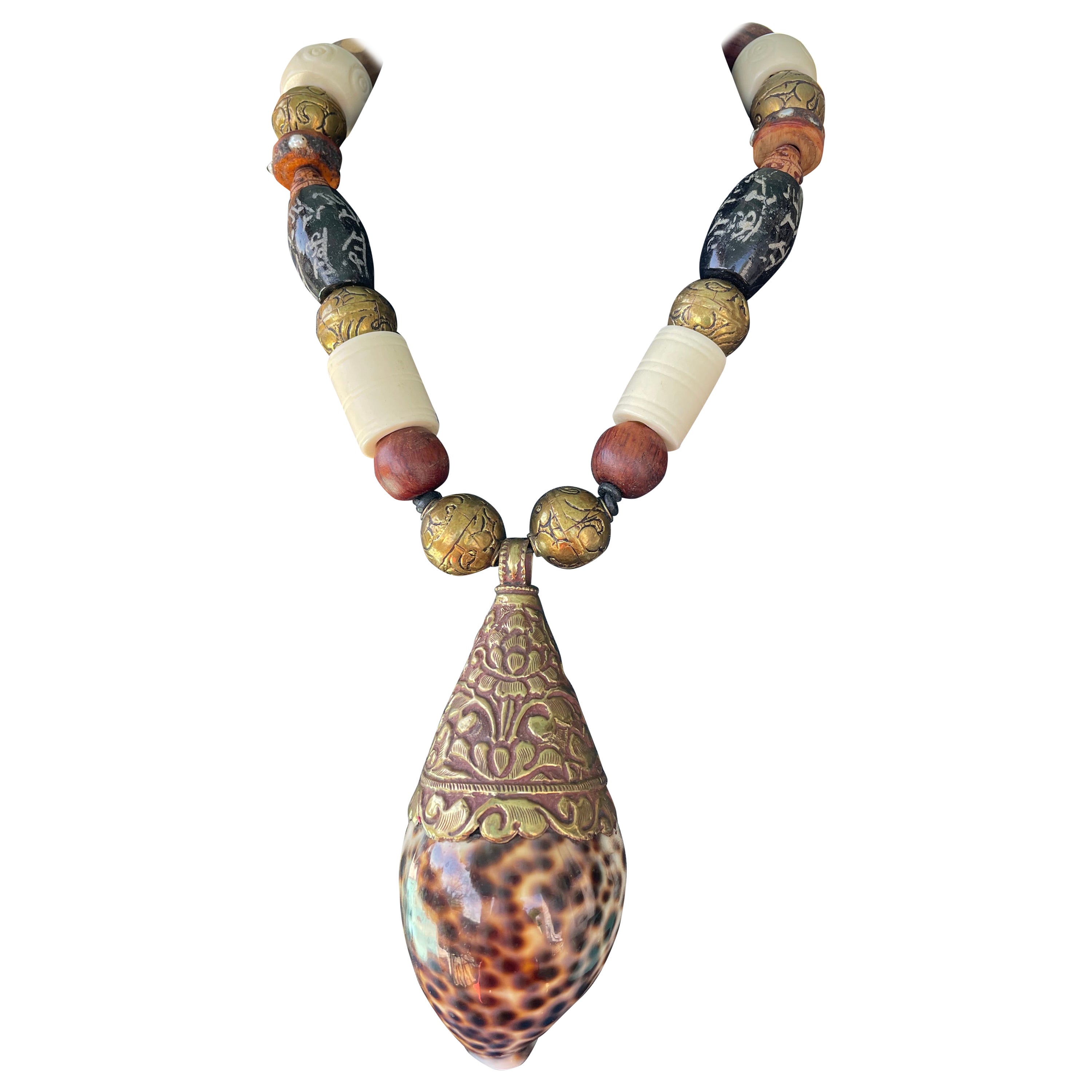 LB offers Large Spotted Tiger Cowrie Shell pendant Bone Brass Glass necklace  For Sale