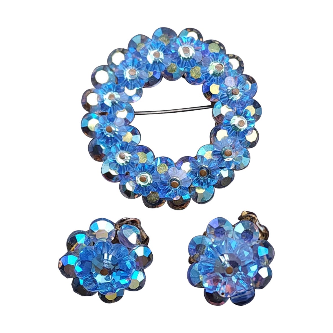 Vintage Blue AB Crystal Demi Parure, Pin & Clip On Earrings, Aurora Borealis For Sale