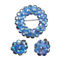 Retro Blue AB Crystal Demi Parure, Pin & Clip On Earrings, Aurora Borealis