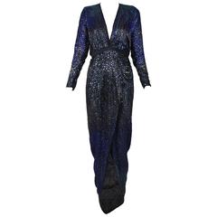 Vintage 1970's Halston Deep V-Neck Beaded & Sequined Silk Evening Gown w/Long Sleeves