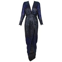 1970's Halston Deep V-Neck Beaded & Sequined Silk Evening Gown w/Long Sleeves