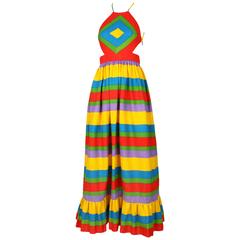 Vintage 1970's Oscar De La Renta Multicolored Striped Halter Neck Sundress w/Open Back
