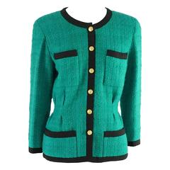 Vintage Chanel Teal Jacket with Black Grosgrain Trim - 36 - 1980's