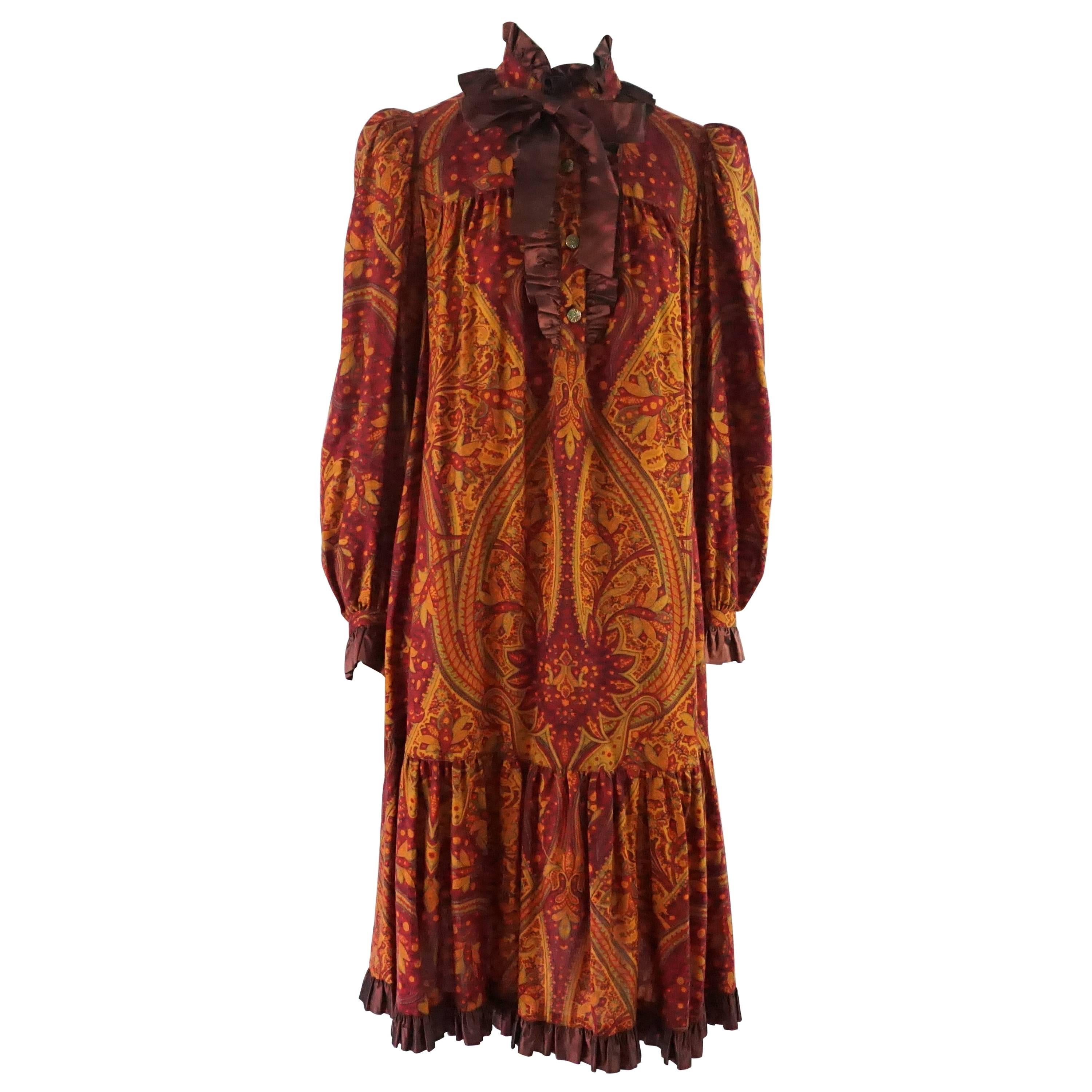 Yves Saint Laurent Vintage Rust Paisley Print Peasant Dress - 36 - 1960's