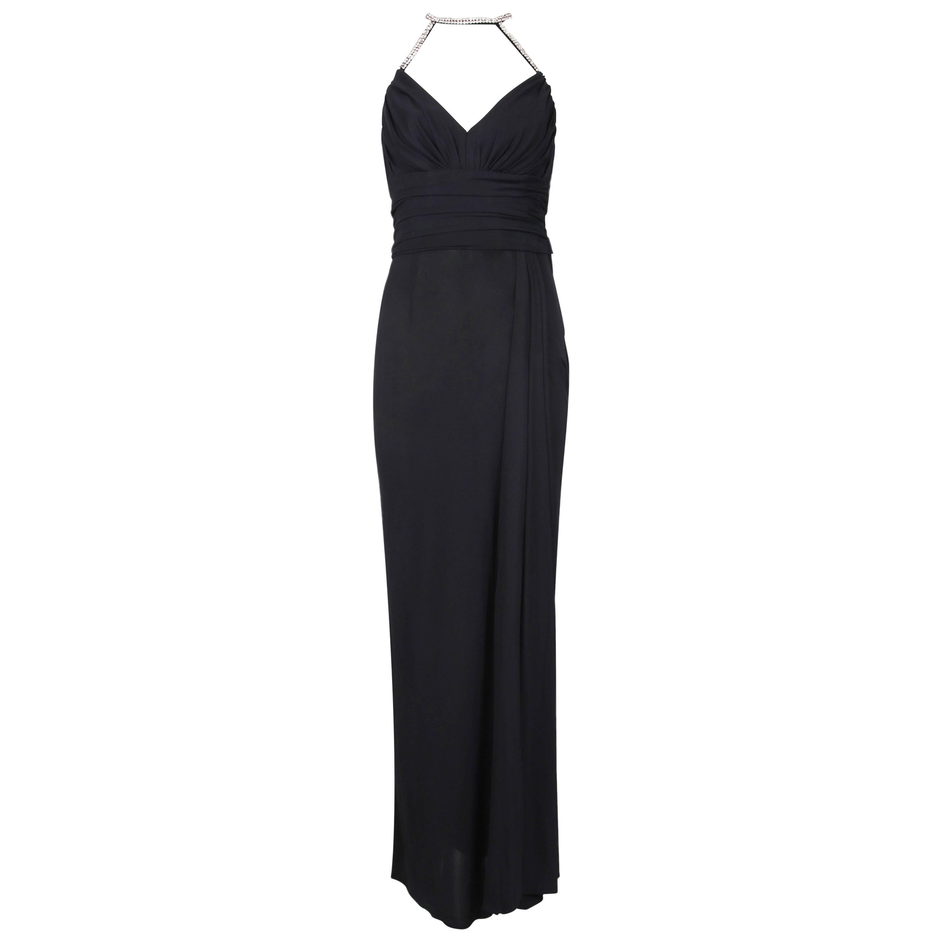1998 A/H Chanel Black Draped Evening Gown w/Rhinestone Shoulder & Neck Straps