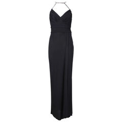 1998 A/H Chanel Black Draped Evening Gown w/Rhinestone Shoulder & Neck Straps