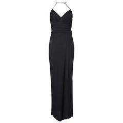 1998 A/H Chanel Black Draped Evening Gown w/Rhinestone Shoulder & Neck Straps 6