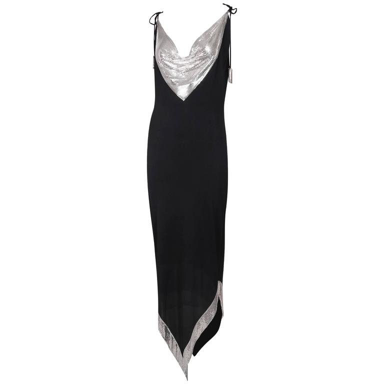 Loris Azzaro Slinky Black Evening Gown w/Silver Mesh Trim at Cowl ...