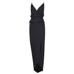 1970's Halston Black Silk Crepe Tulip Wrap Skirt & Low V-Neck Top Ensemble 12