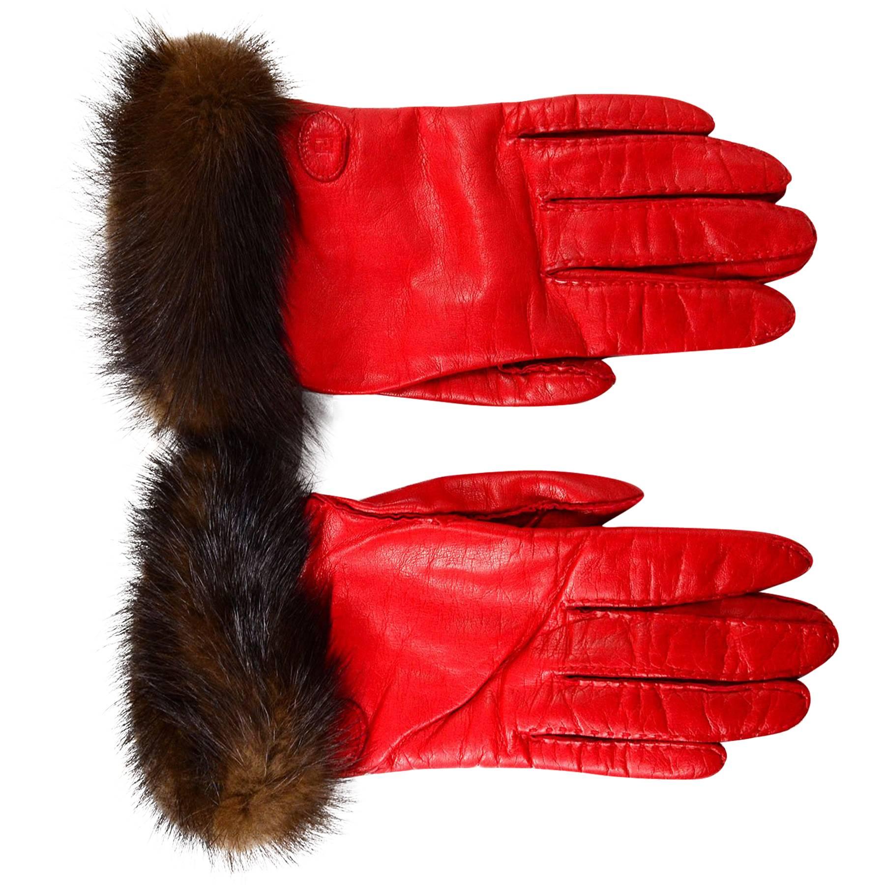 Fendi Red Leather and Mink Gloves Sz 7