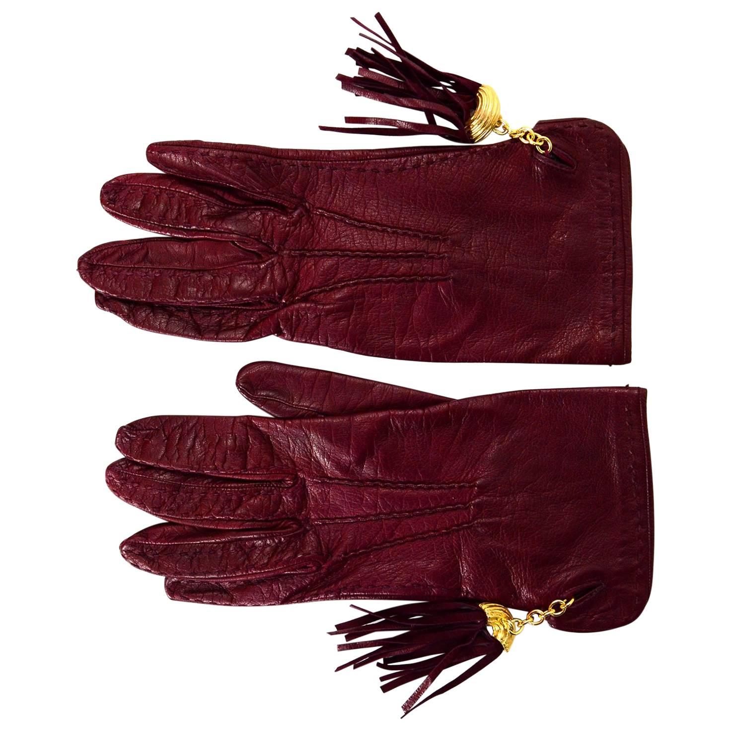 Fendi Burgundy Leather Tassel Gloves Sz 7.5 For Sale at 1stDibs