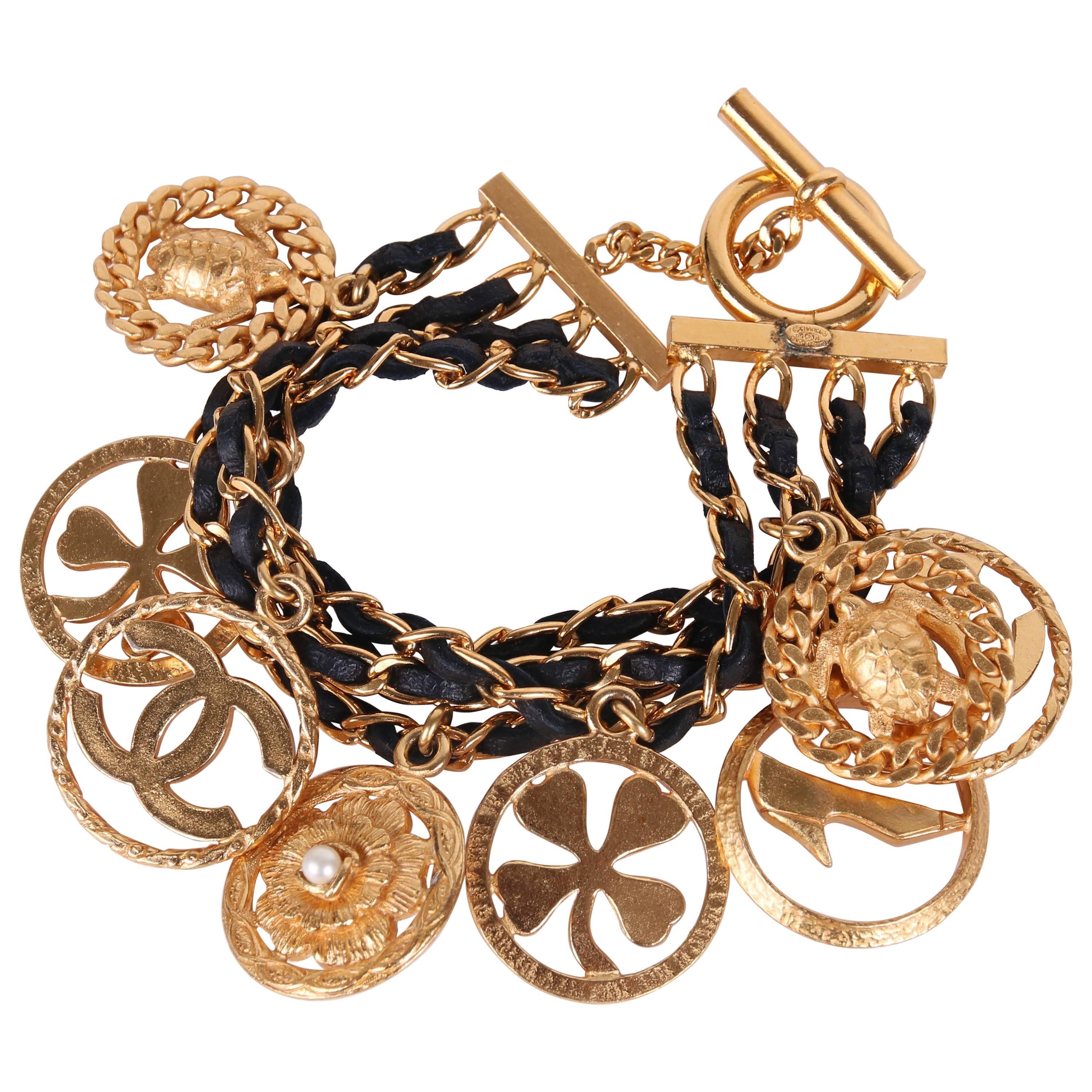 Chanel Multi-Strand Woven Leather and Chain Charm Bracelet with 8 Charms, 1995 