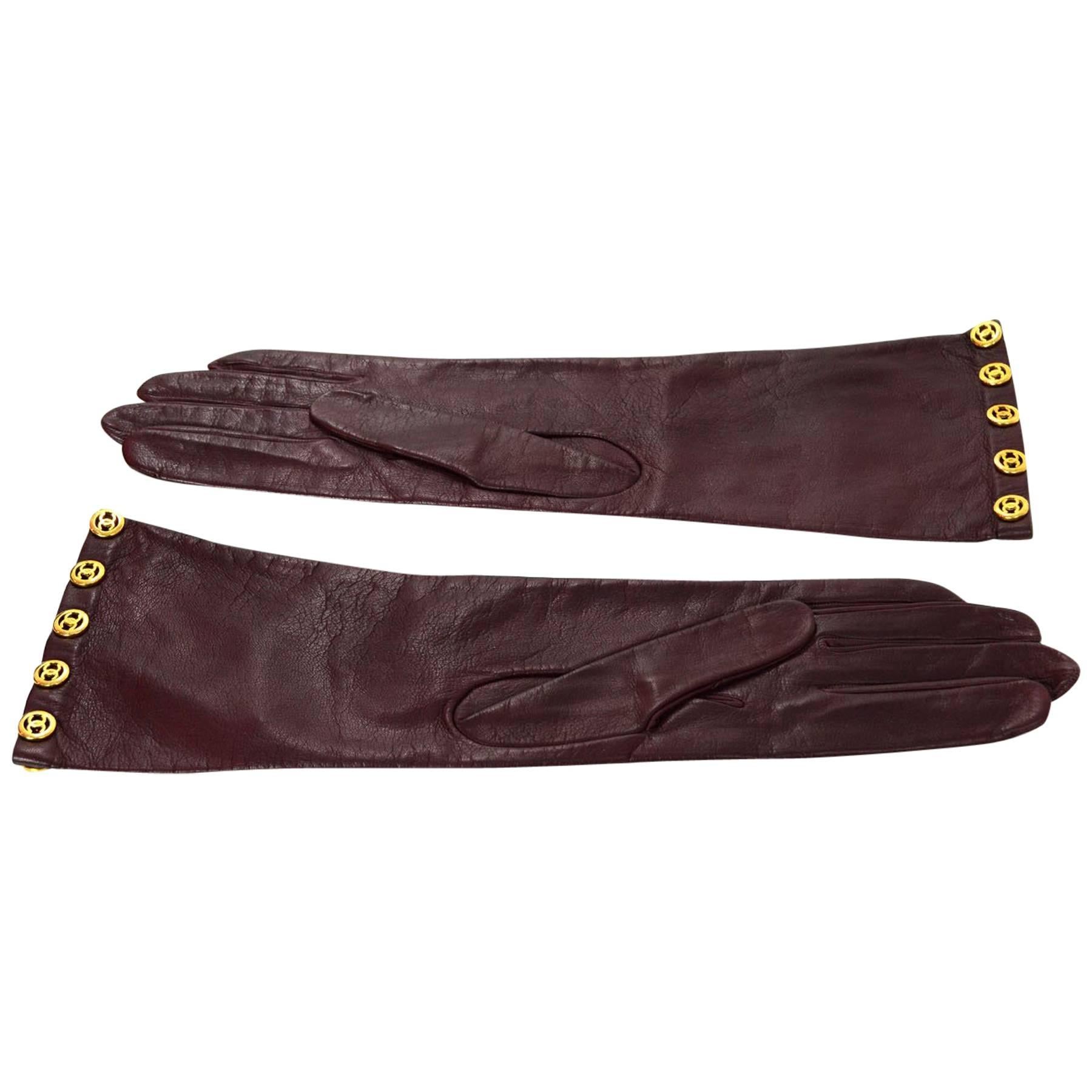 Chanel Burgundy Leather Long Gloves w/ CC Button Trim Sz 7.5