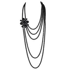 2005 Chanel Multi-strand Black Patte de Verre Beaded Sautoir w/Brooch Detail