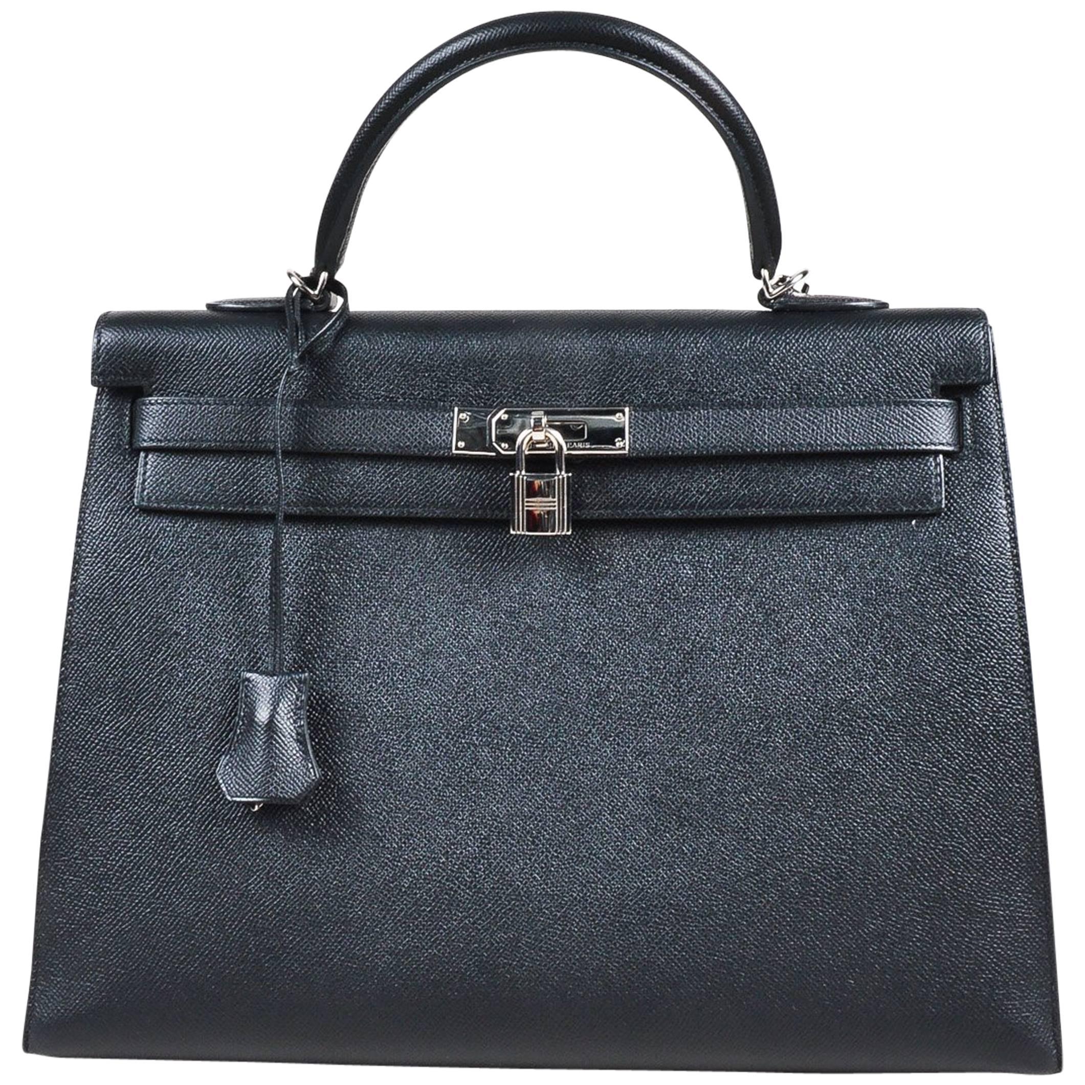 Hermes Noir Black Epsom Leather Palladium "Kelly 35 Sellier" Flap Tote Bag For Sale
