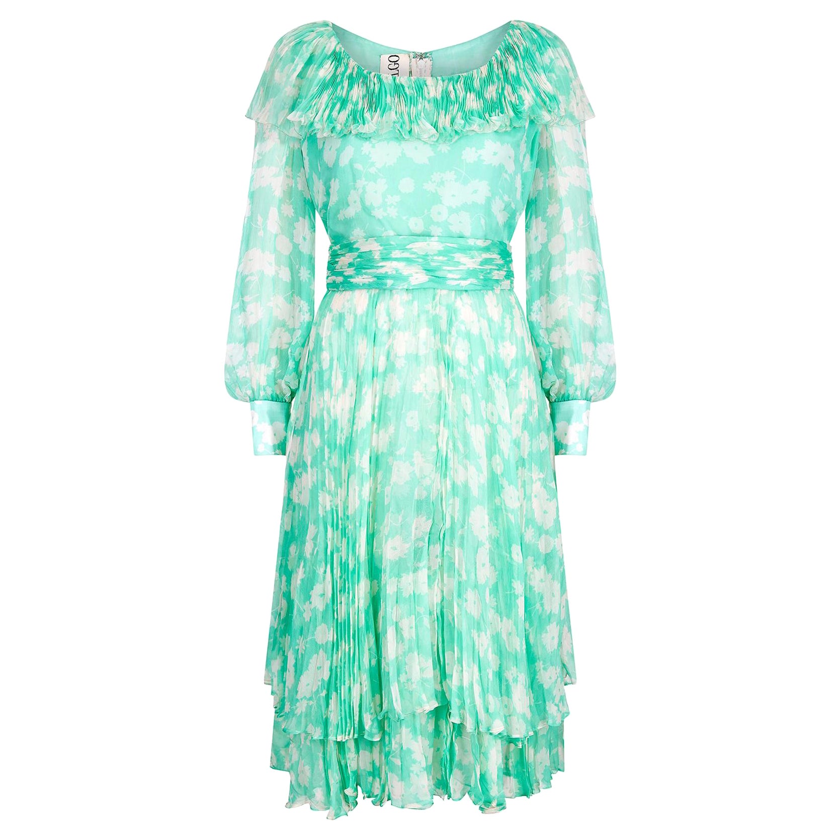 Vestido de gasa de seda verde y blanca estampado Harry Algo, años 70 en venta
