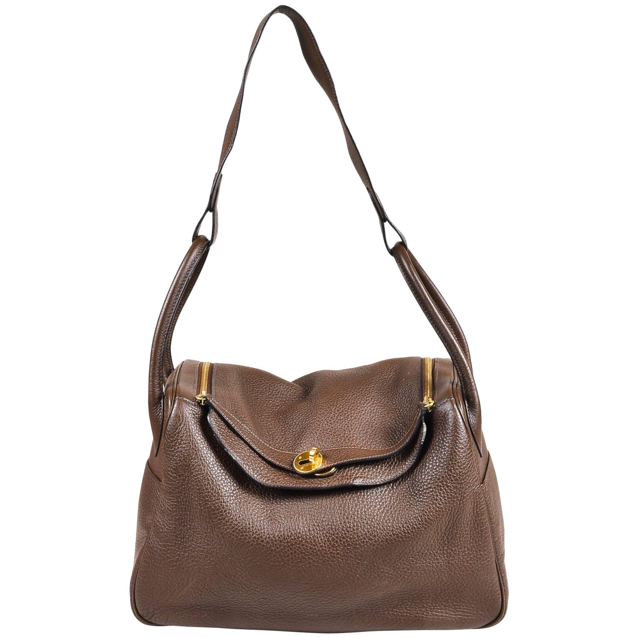 Hermes Chocolat Brown Clemence Leather "Lindy 34" Bag For Sale