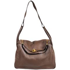 Hermes Chocolat Brown Clemence Leather "Lindy 34" Bag