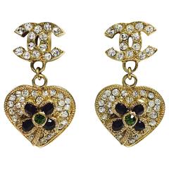 CHANEL 05P Gold Tone & Green Crystal Heart & Clover 'CC' Drop Earrings