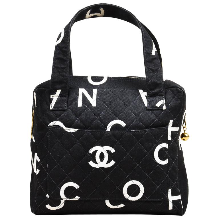 Vintage Chanel Black White Canvas Printed Letter Quilted Double