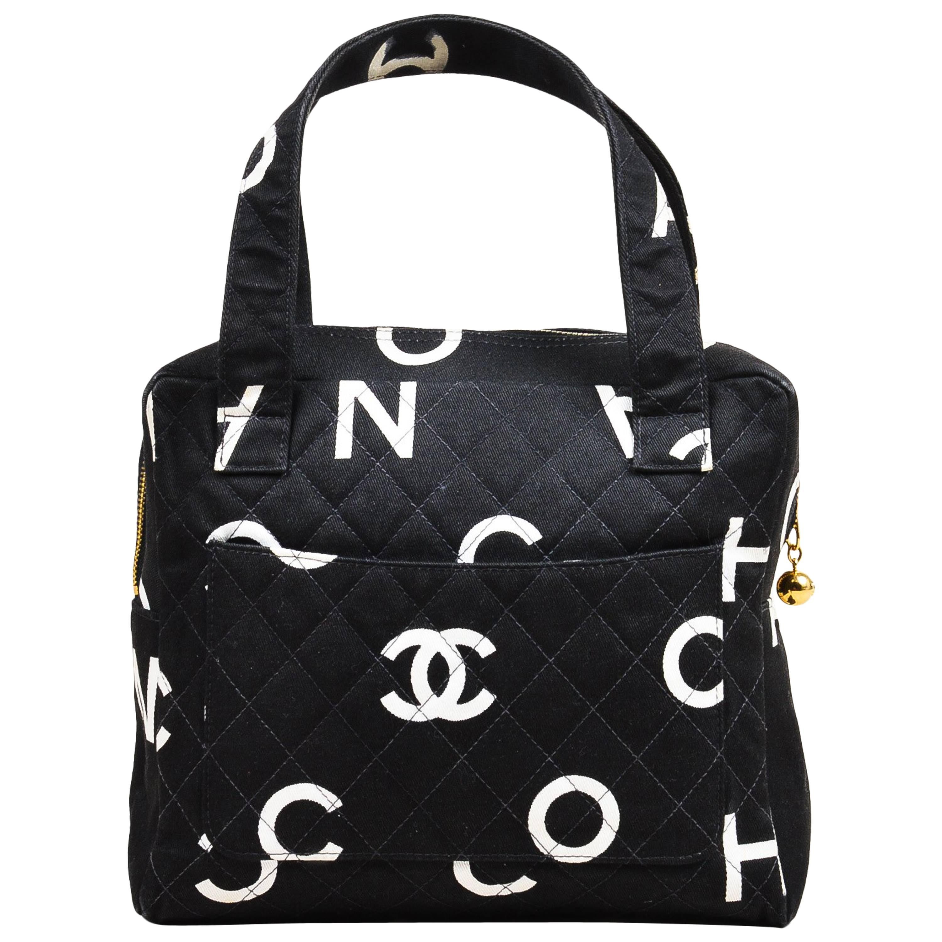 Vintage Chanel Black White Canvas Printed Letter Quilted Double Handle Bag For Sale