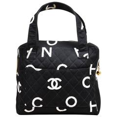 Vintage Chanel Black White Canvas Printed Letter Quilted Double Handle Bag