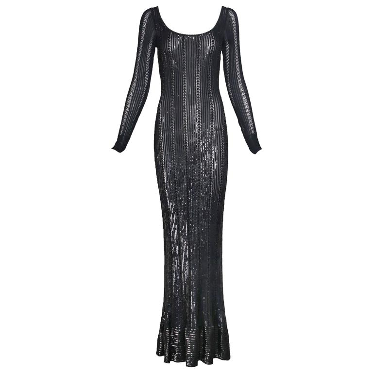 Alaia Slinky Black Floor-Length Beaded and Sequined Evening Gown Ca ...
