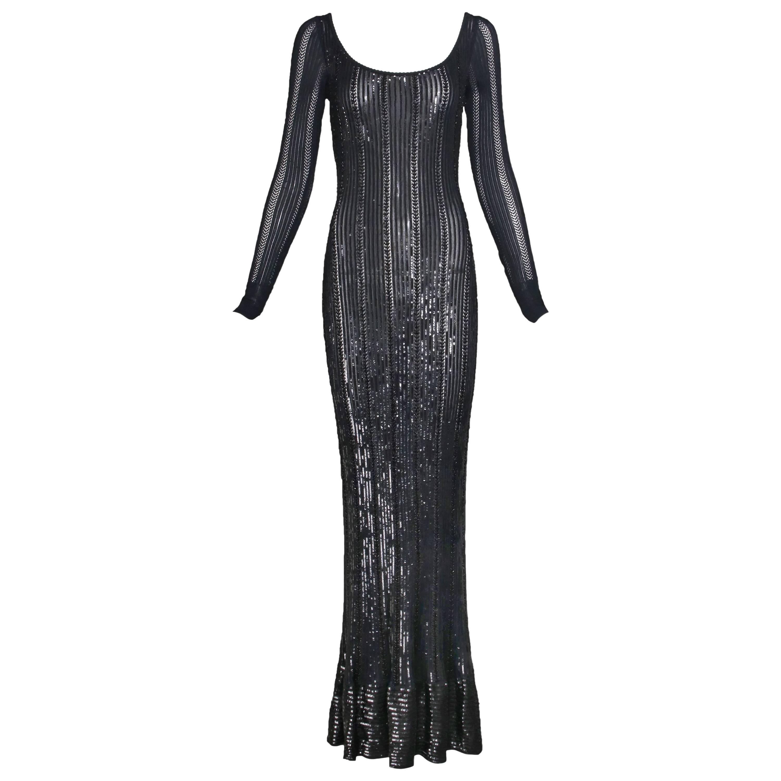 Alaia Slinky Black Floor-Length Beaded and Sequined Evening Gown Ca. 1996