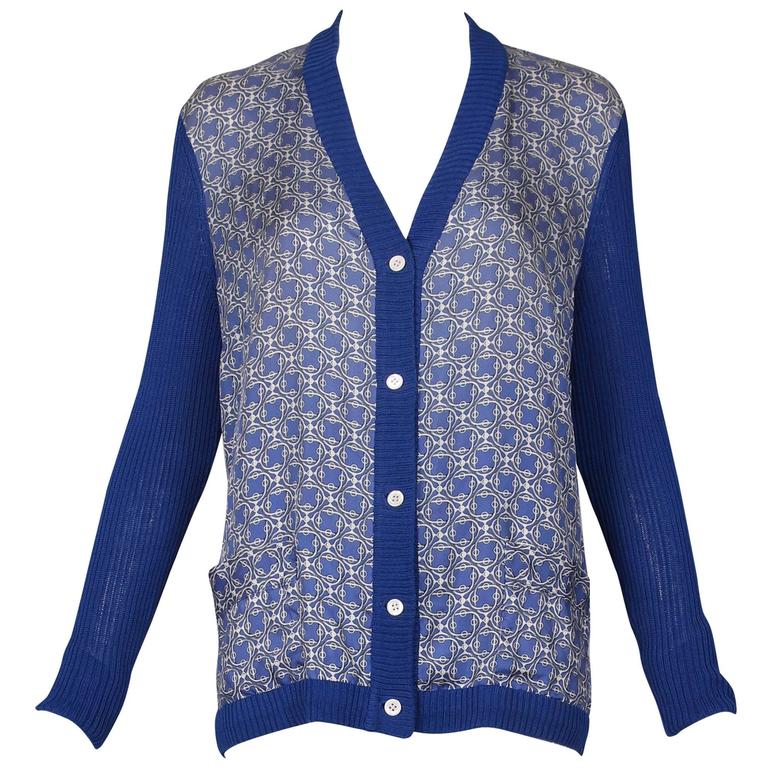 Vintage Hermes Silk and Cotton Knit Printed Long Sleeved Cardigan