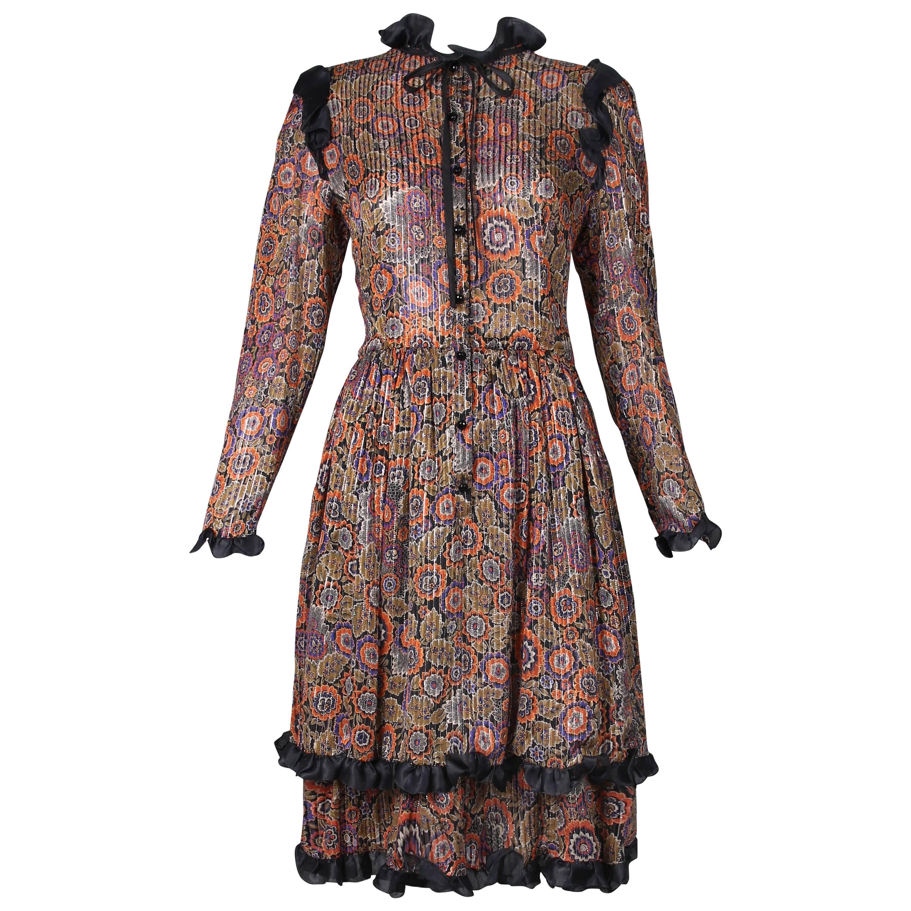 Vintage Valentino Tiered Floral Print & Metallic Silk Dress W/Ruffled Trim