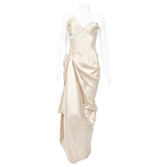Vintage 1949 Jeanne Lanvin Haute Couture Ivory Silk Satin Strapless Draped Bridal Gown
