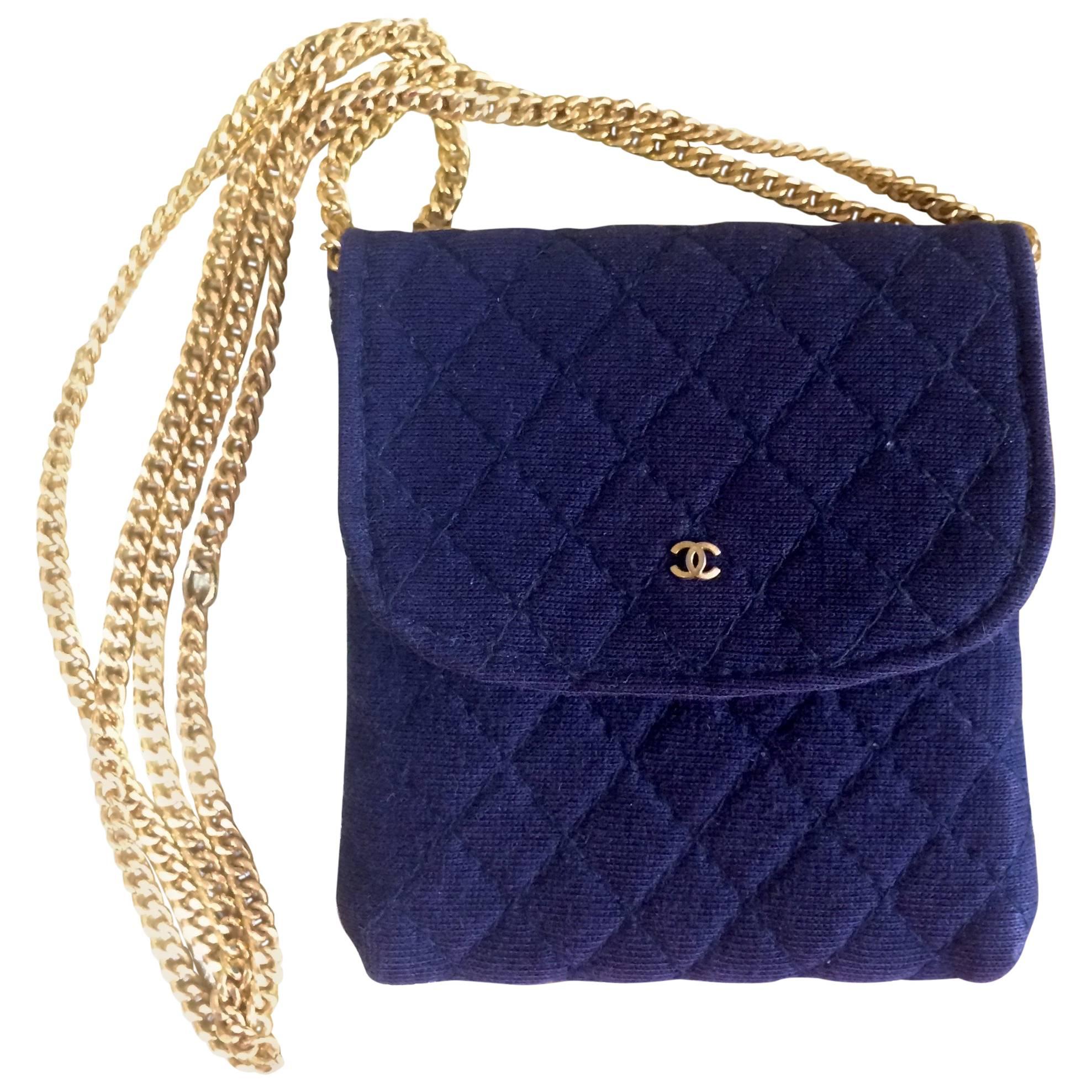 Vintage Chanel navy quilted jersey fabric mini pouch, coin purse, long necklace.