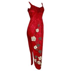 1950's Seductive Ruby-Red Beaded Satin Floral Applique Shelf-Bust Couture Gown