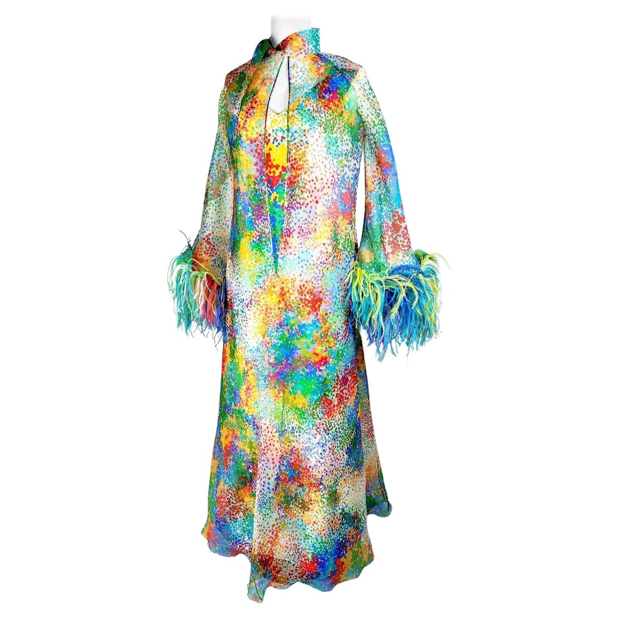 Printed silk and ostrich feather dress and coat - France Circa 1975-1980 For Sale