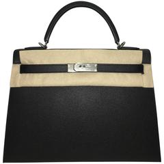 Amazing creation Audrey Hepburn on Kelly 32 cm handbag in black calfskin  at 1stDibs