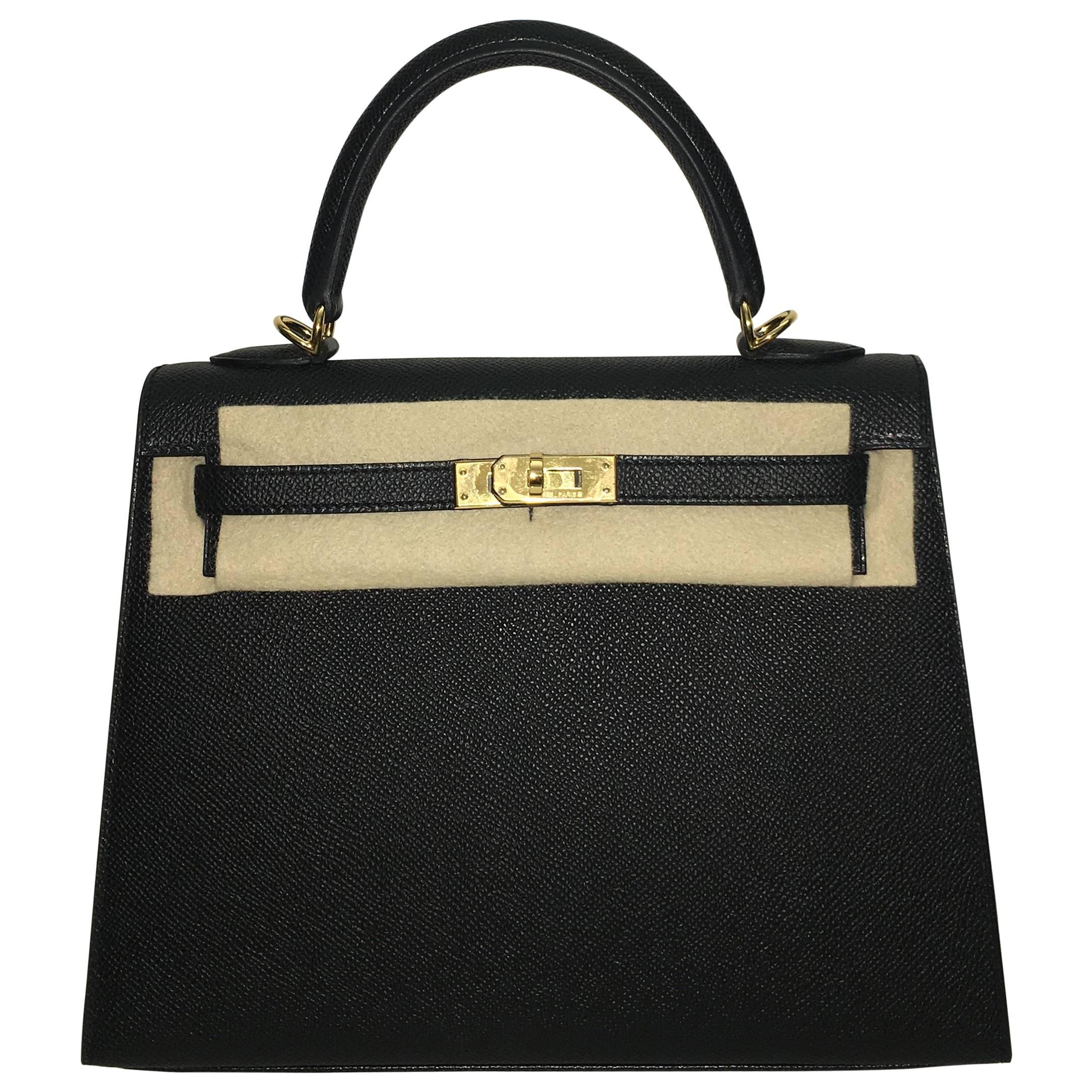 Hermes Kelly 25 Black Epsom Sellier Bag Gold Hardware at 1stDibs