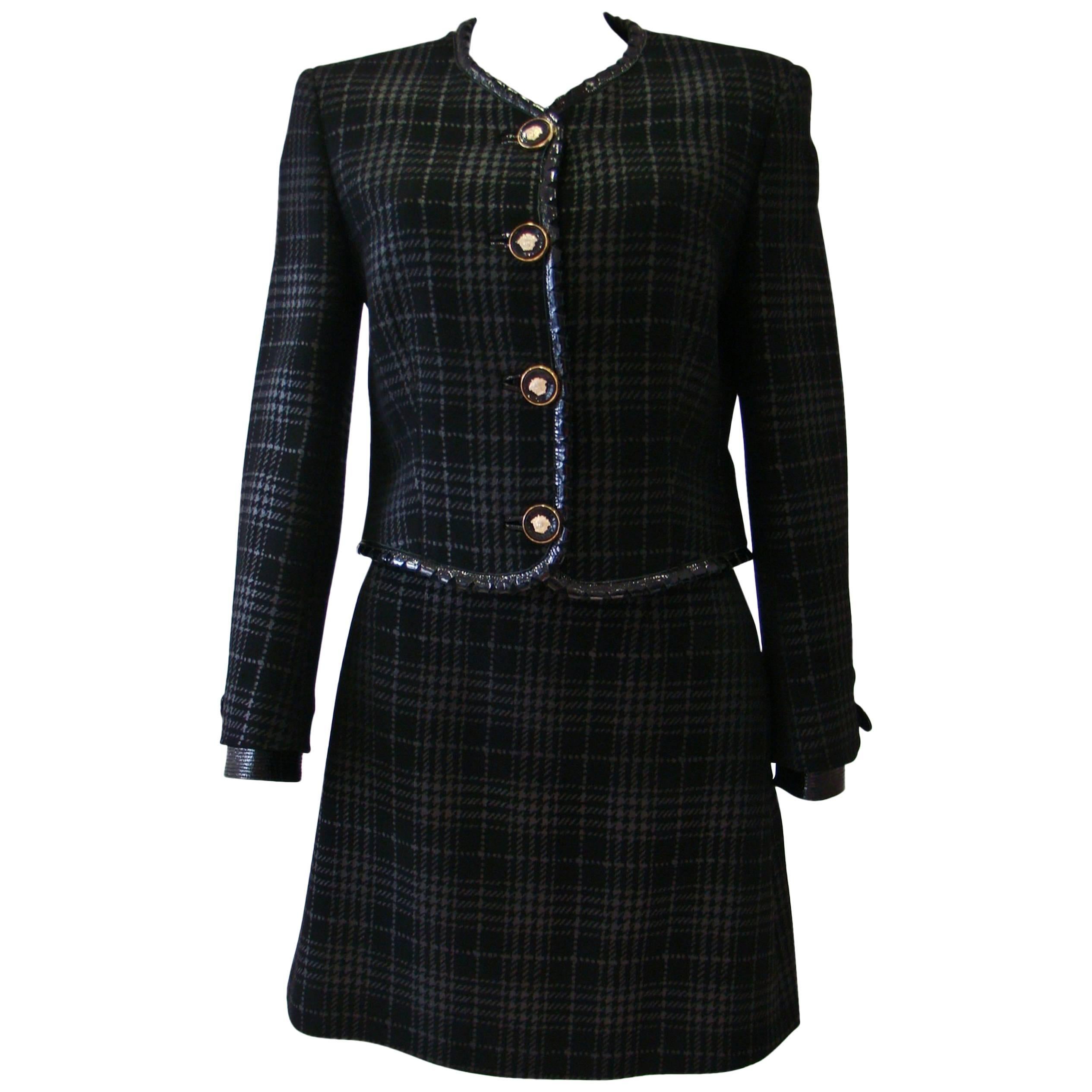 Gianni Versace Couture Metallic Checked Suit With Patent Leather Fall 1994 For Sale